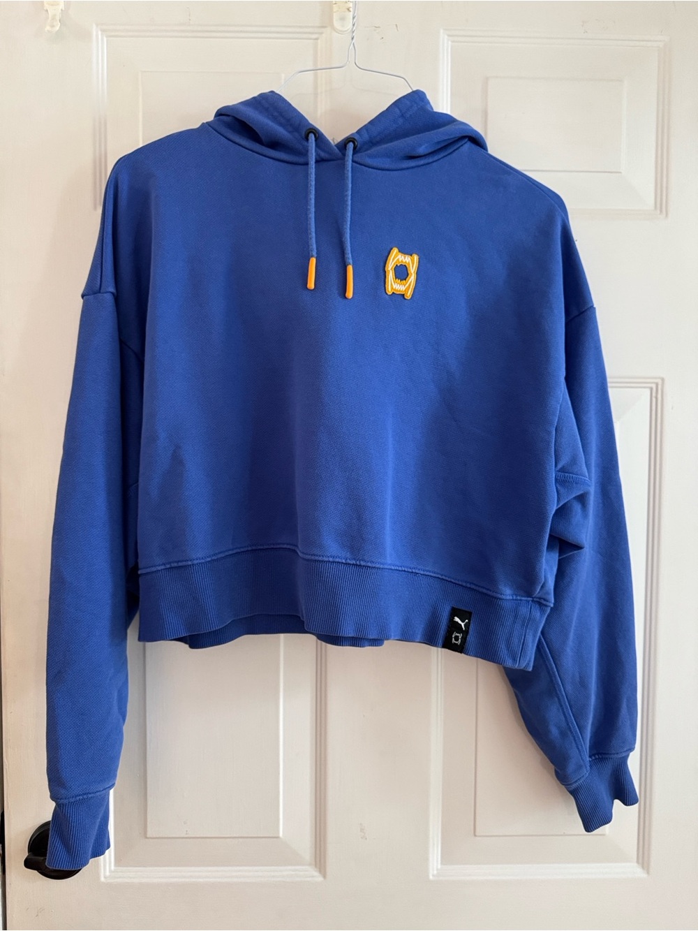 Puma women’s Blue Cropped Hoodie Sweatshirt - Sz S “patched up” collection